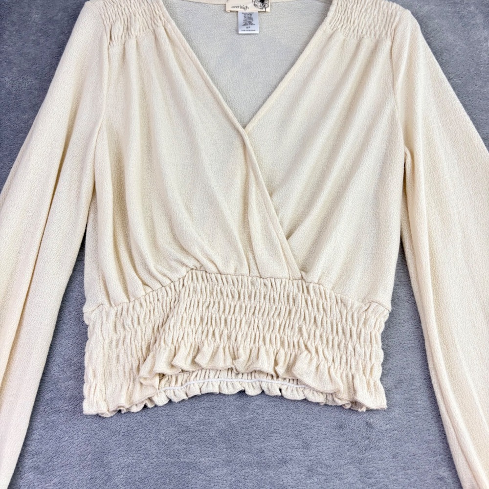 Everleigh Womens S‎ Cream Surplice Wrap Top Smocked Waist Bishop Sleeve Casual - Picture 2 of 8